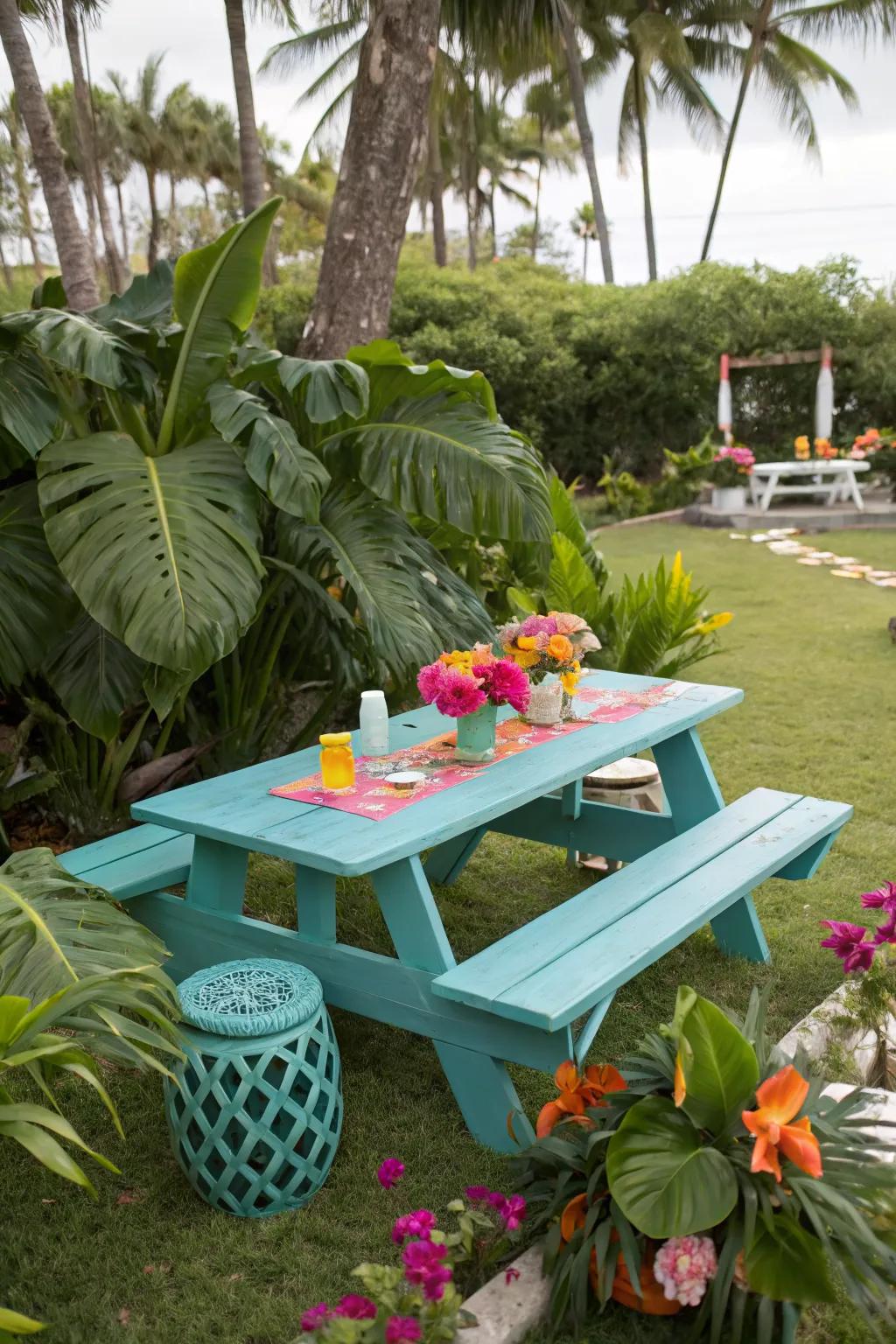A turquoise picnic table brings tropical vibes to a backyard setting.