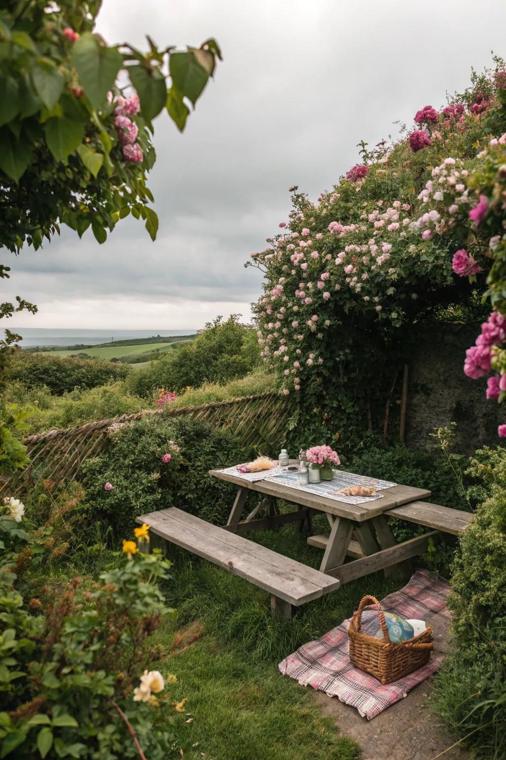 A picnic table nestled in a private garden nook, perfect for peaceful dining.