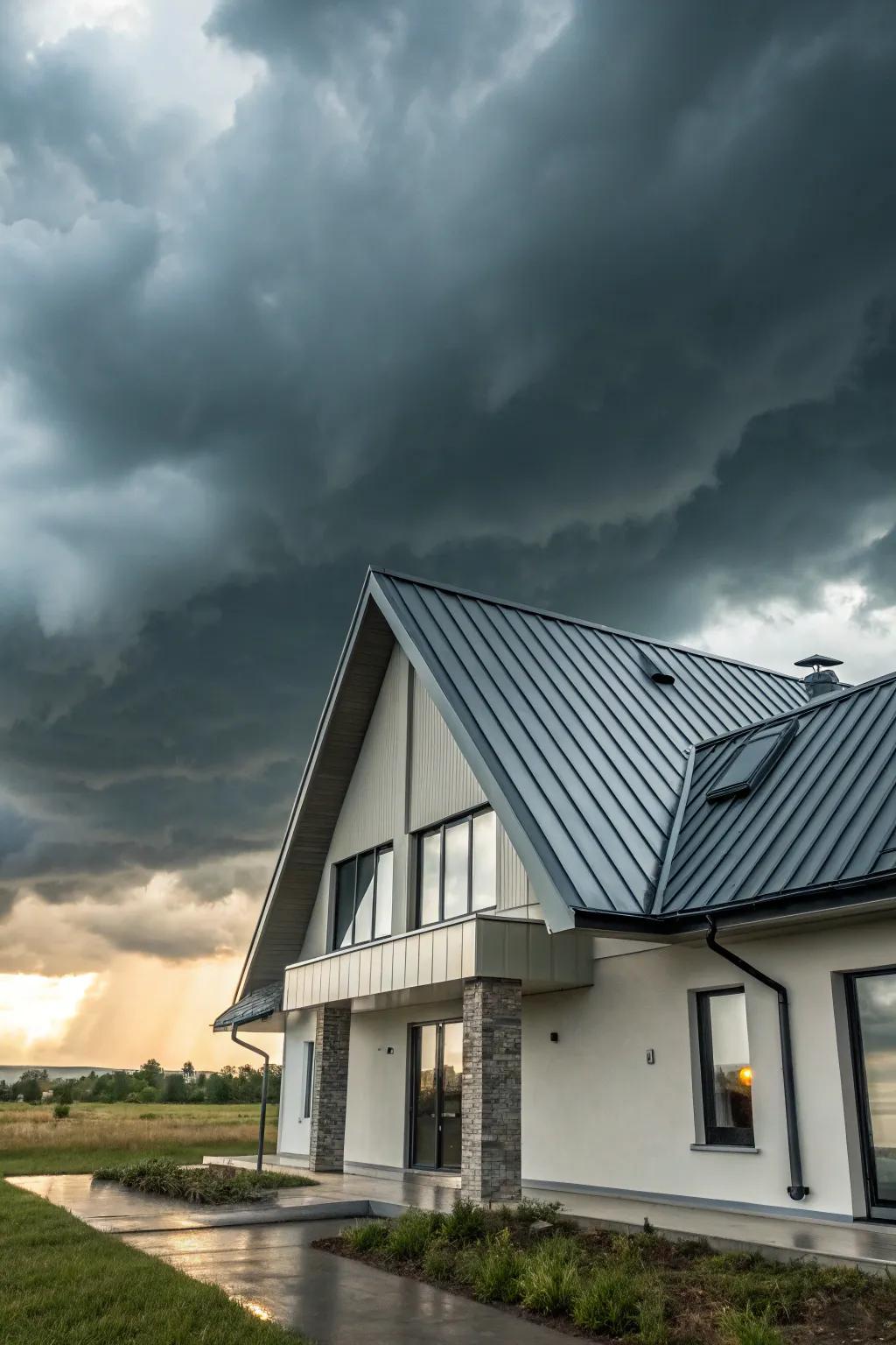 A modern house with an angled metal roof, showcasing both style and resilience.