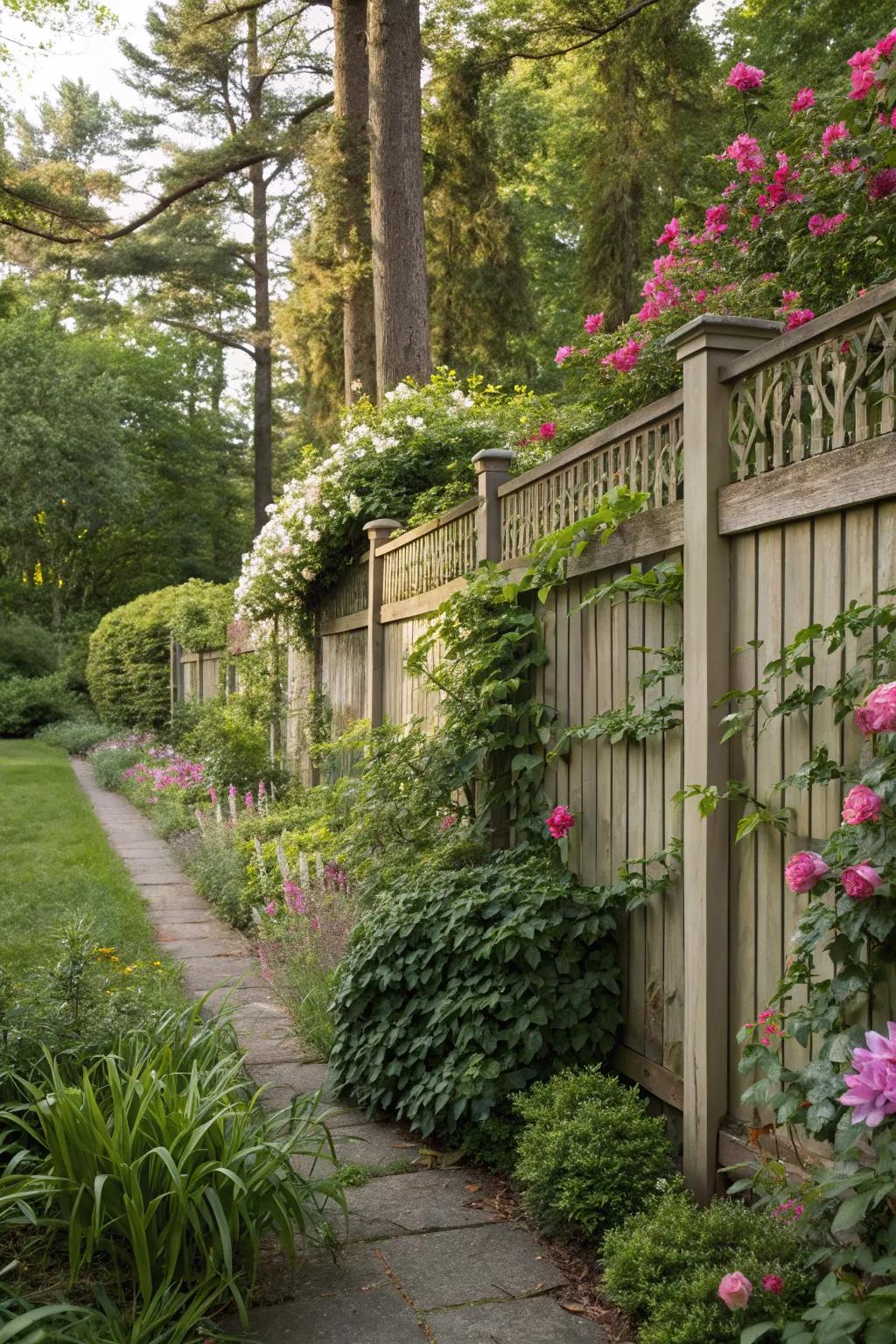 Lush greenery integrated into a privacy fence design.