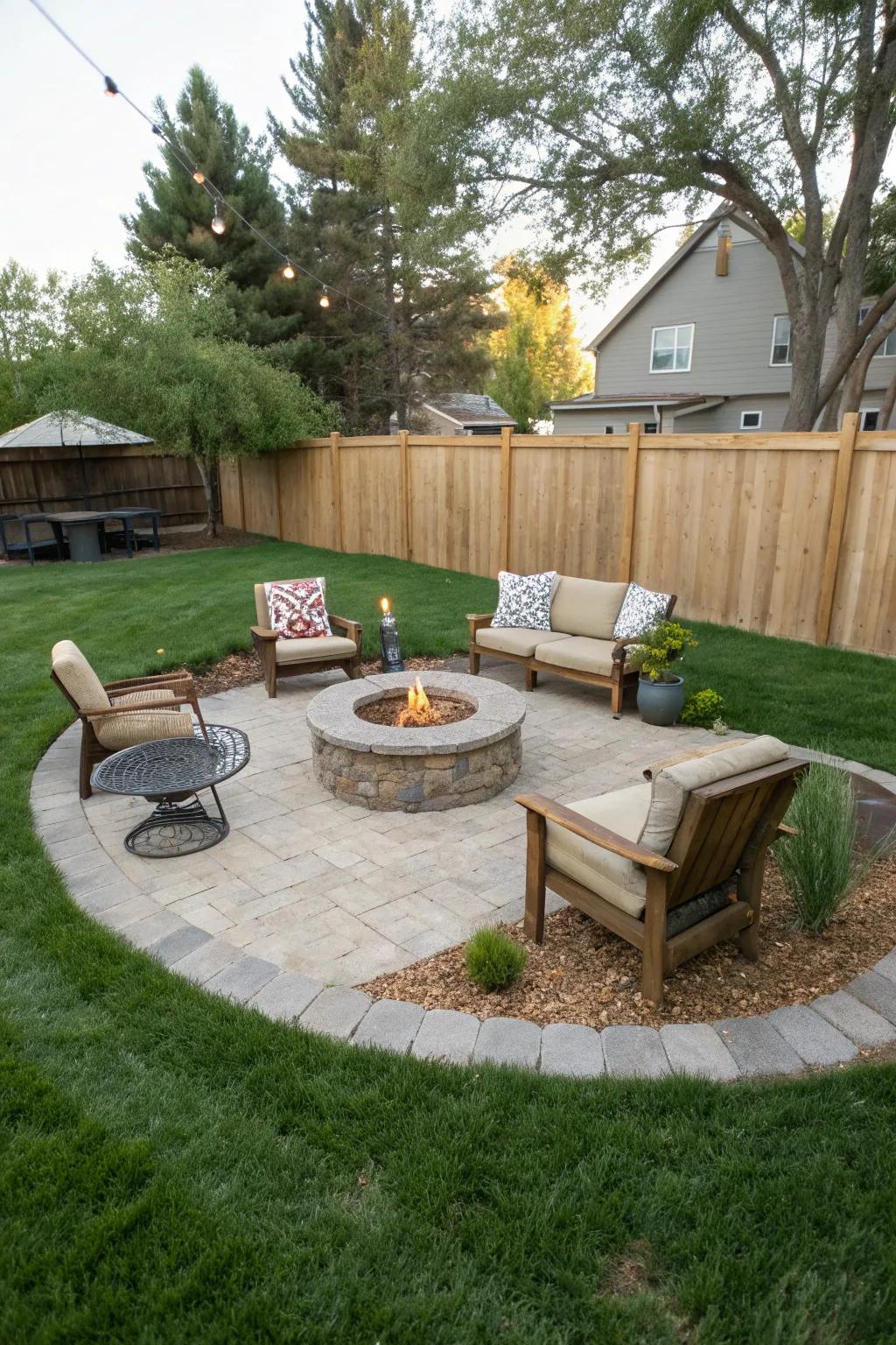 A central fire pit creates a warm gathering spot in a pie-shaped backyard.
