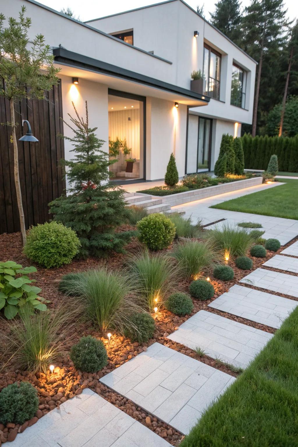 Pine straw adds warmth to this modern landscape design.