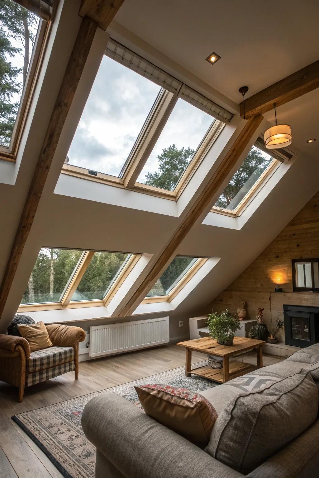 Clustered skylights on a sloped roof, creating a luminous interior.