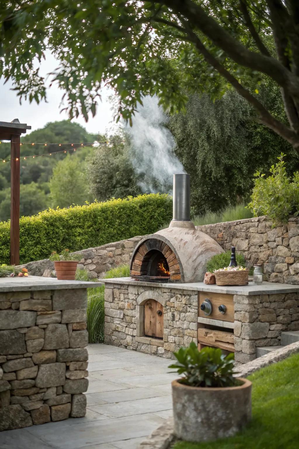A pizza oven with integrated wood storage for convenience and style.