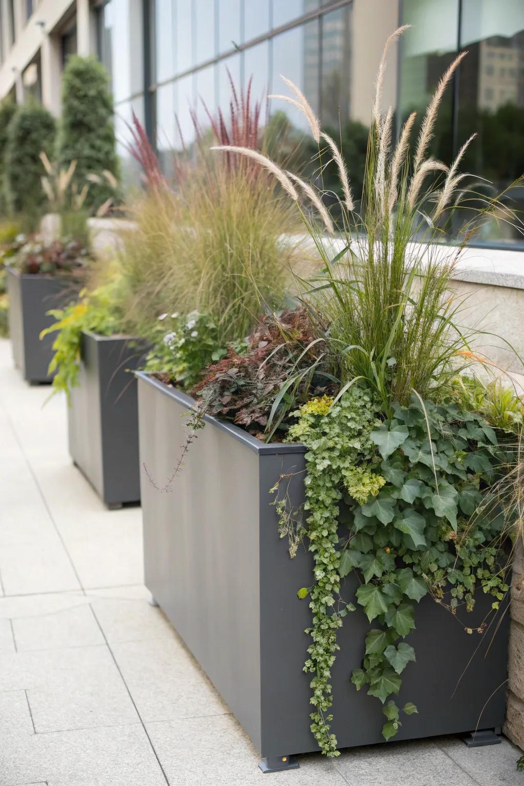 A vertical wonder with tall ornamental grasses and trailing ivy.
