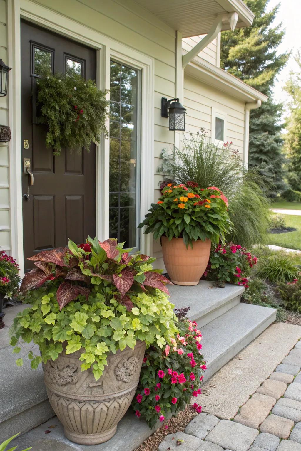 Welcome guests with decorative planters by the door.