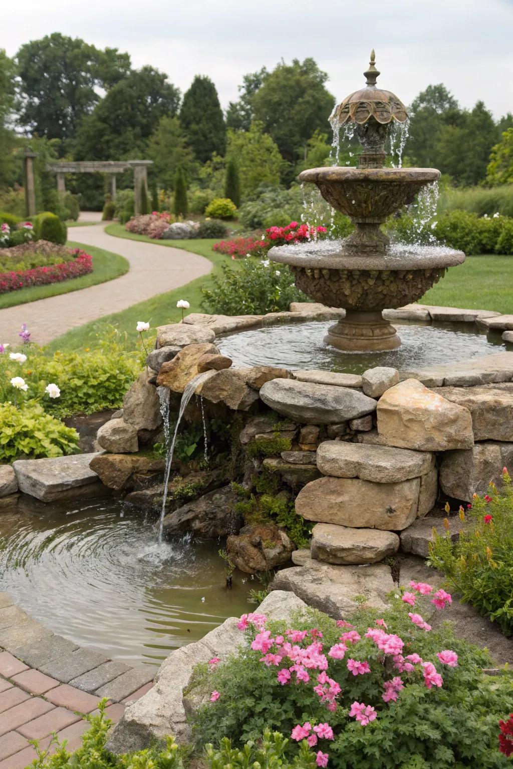 Natural rock features enhance the rustic appeal of fountains.