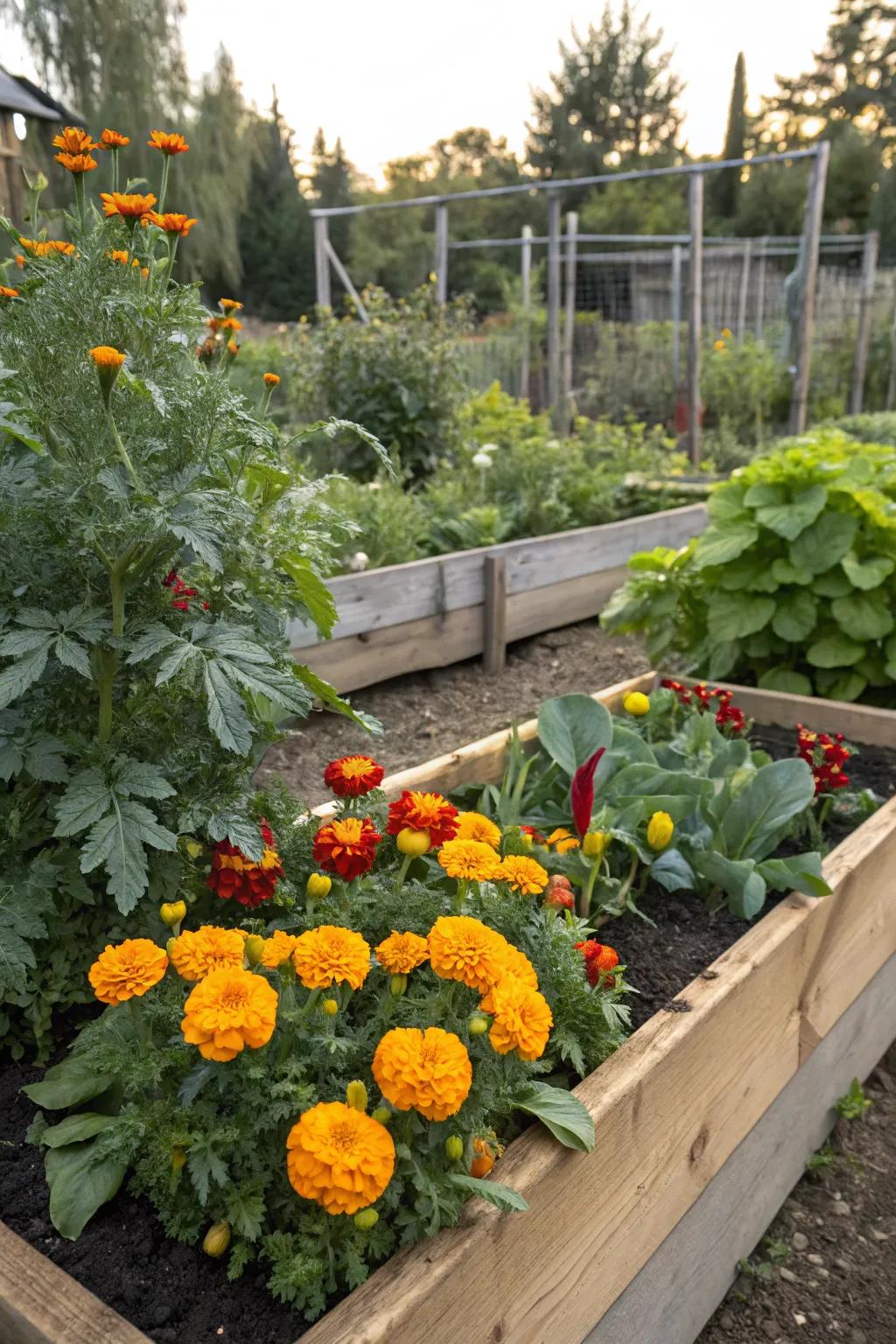 Marigolds interplanted with vegetables in a raised bed.