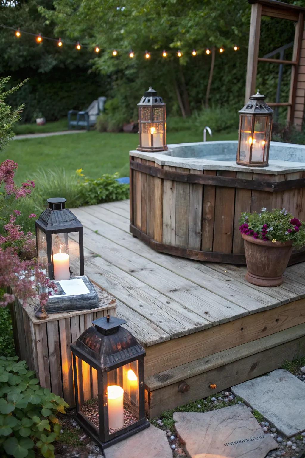 Bring rustic charm to your hot tub area with reclaimed wood.