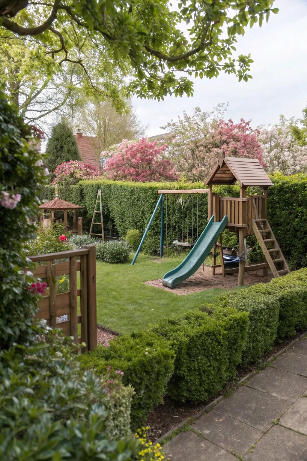 Living green borders providing privacy and beauty to a playground.