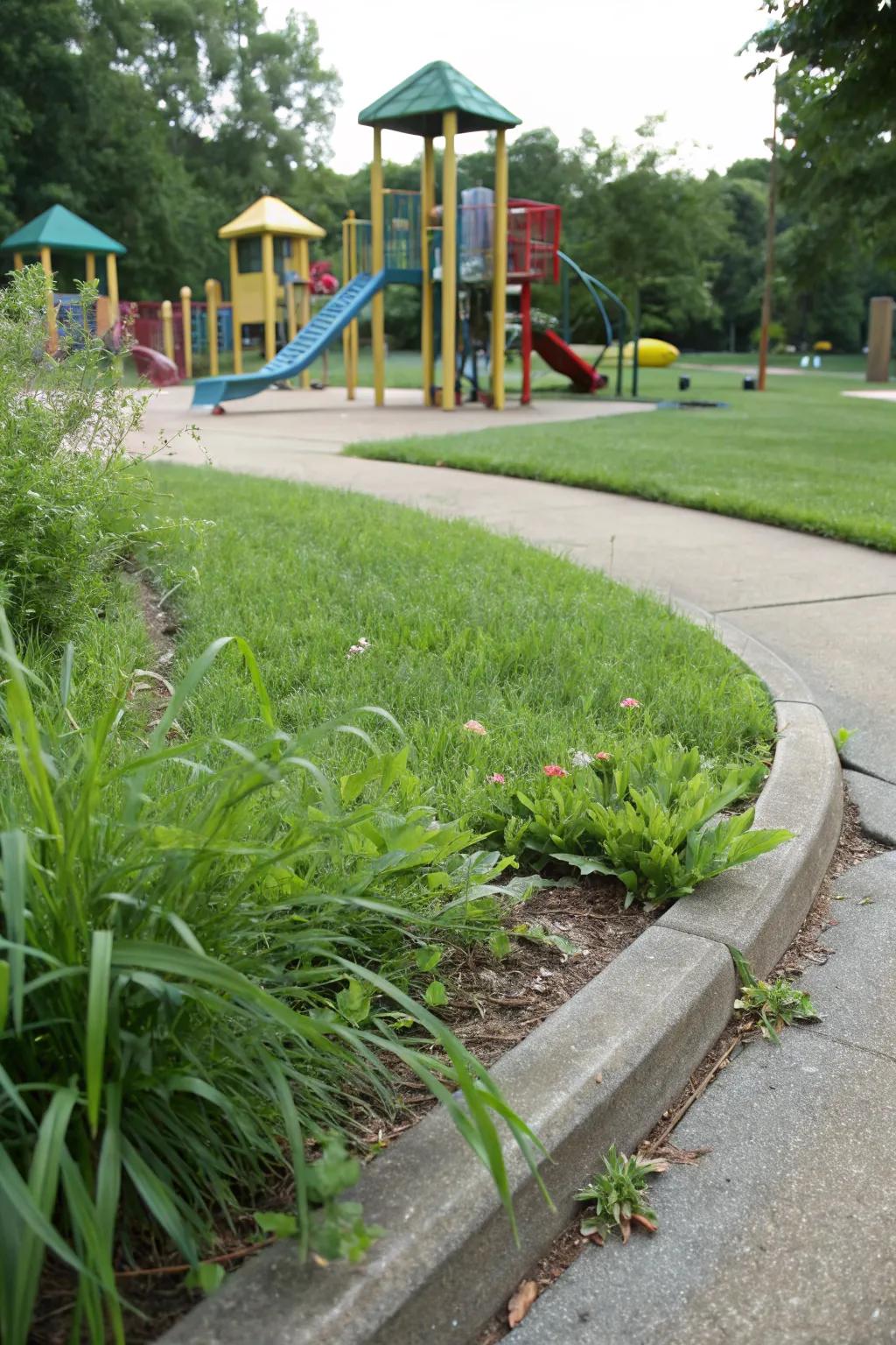 Seamless integration of playground edging with surrounding landscape.