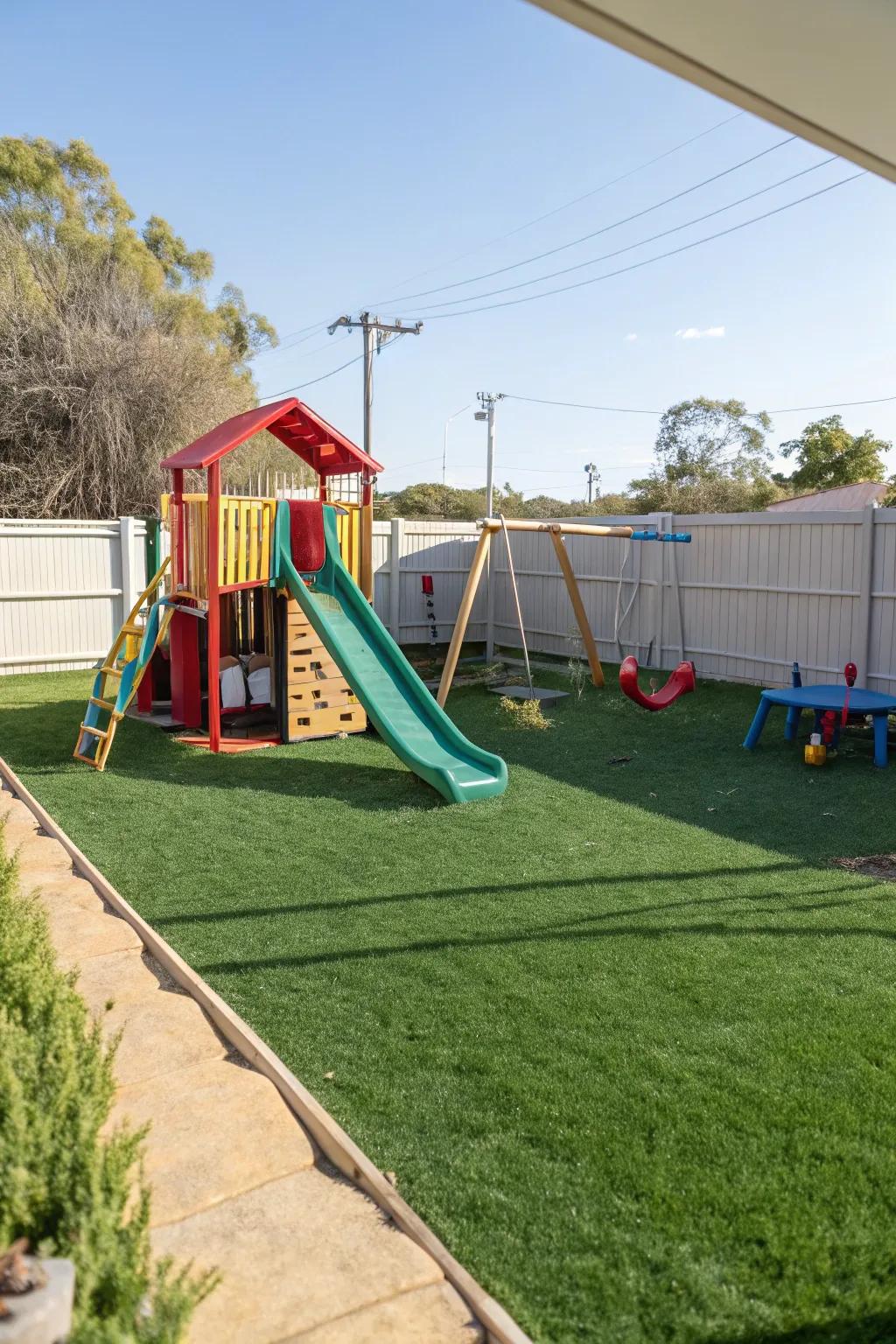 Artificial turf offers a low-maintenance, soft play area.
