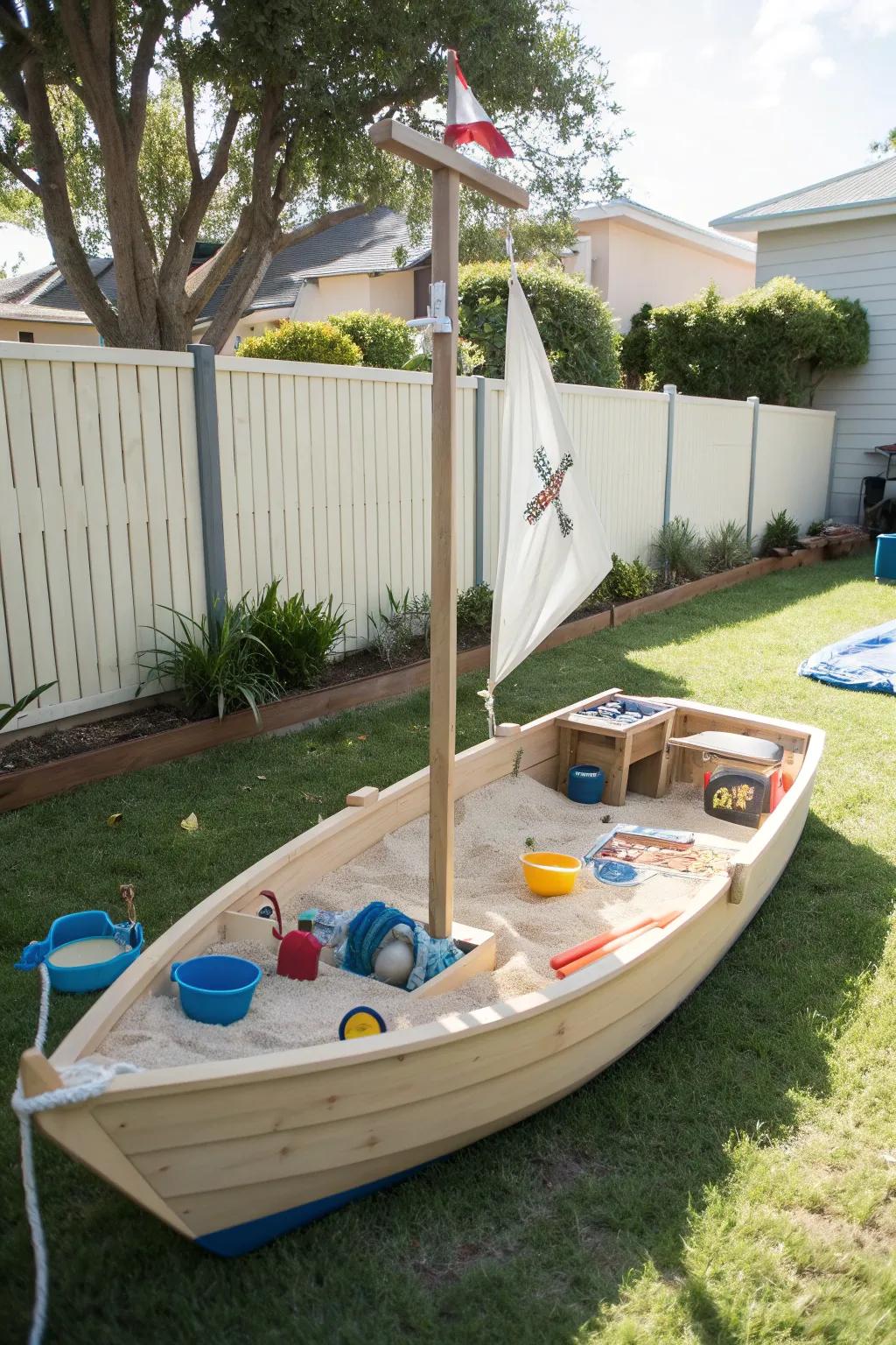 Set sail for sandy treasure hunts in a boat-shaped sandbox.