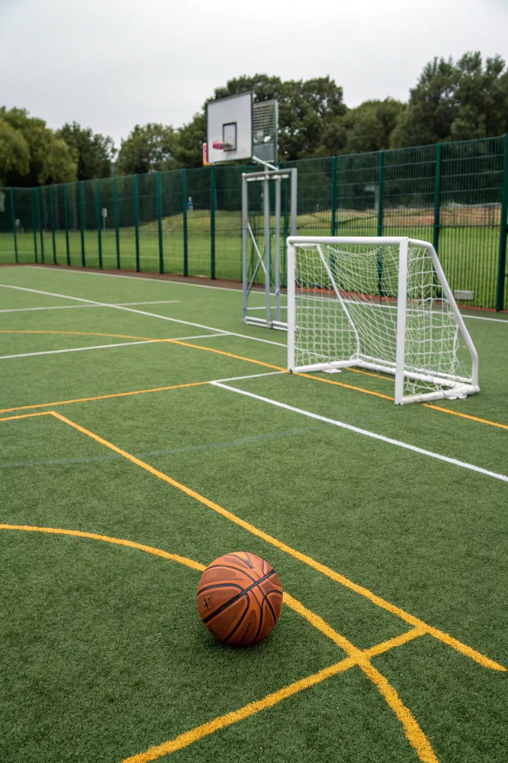 A mini sports court on synthetic turf inspires athletic play.