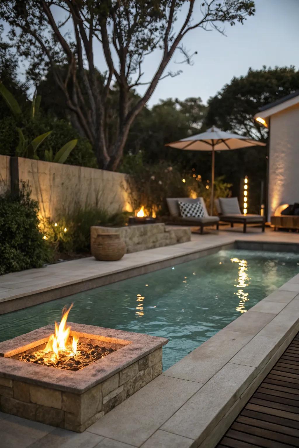A plunge pool with a cozy fire feature for evening charm.