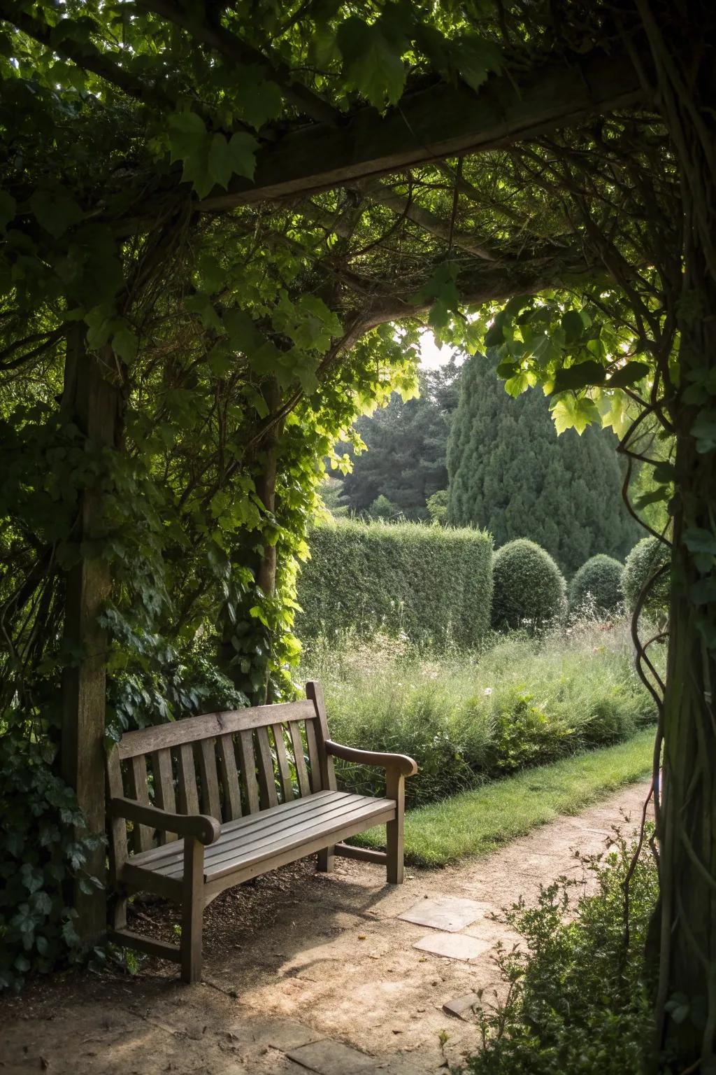 A secret garden nook with a cozy bench surrounded by lush foliage.