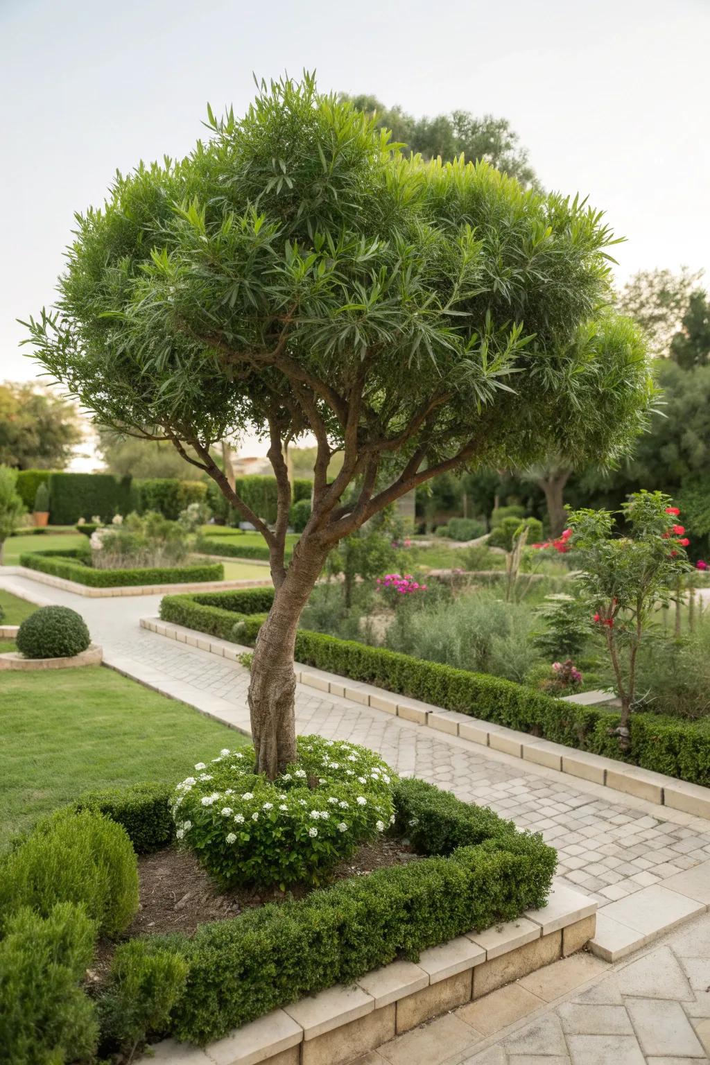 Garden corners defined by neatly planted podocarpus.