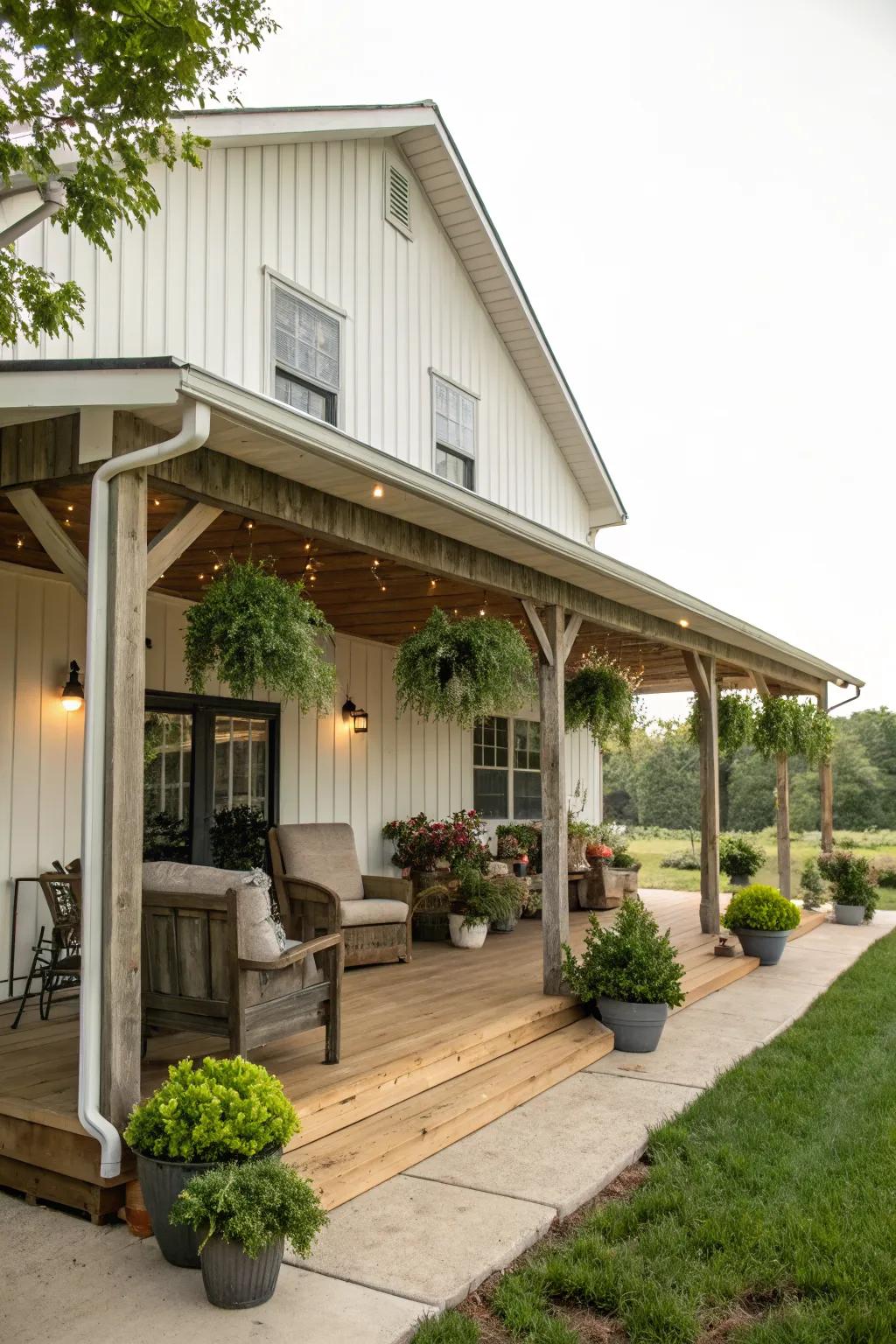 A porch or overhang creates a welcoming atmosphere.