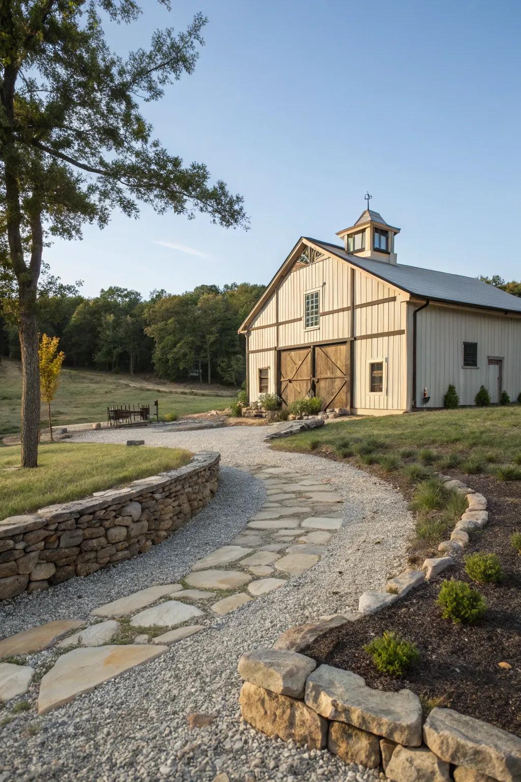 Gravel and stone work add rustic charm to the landscape.