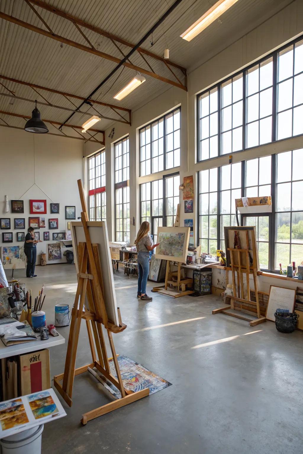 A pole building transformed into a serene art studio sanctuary.