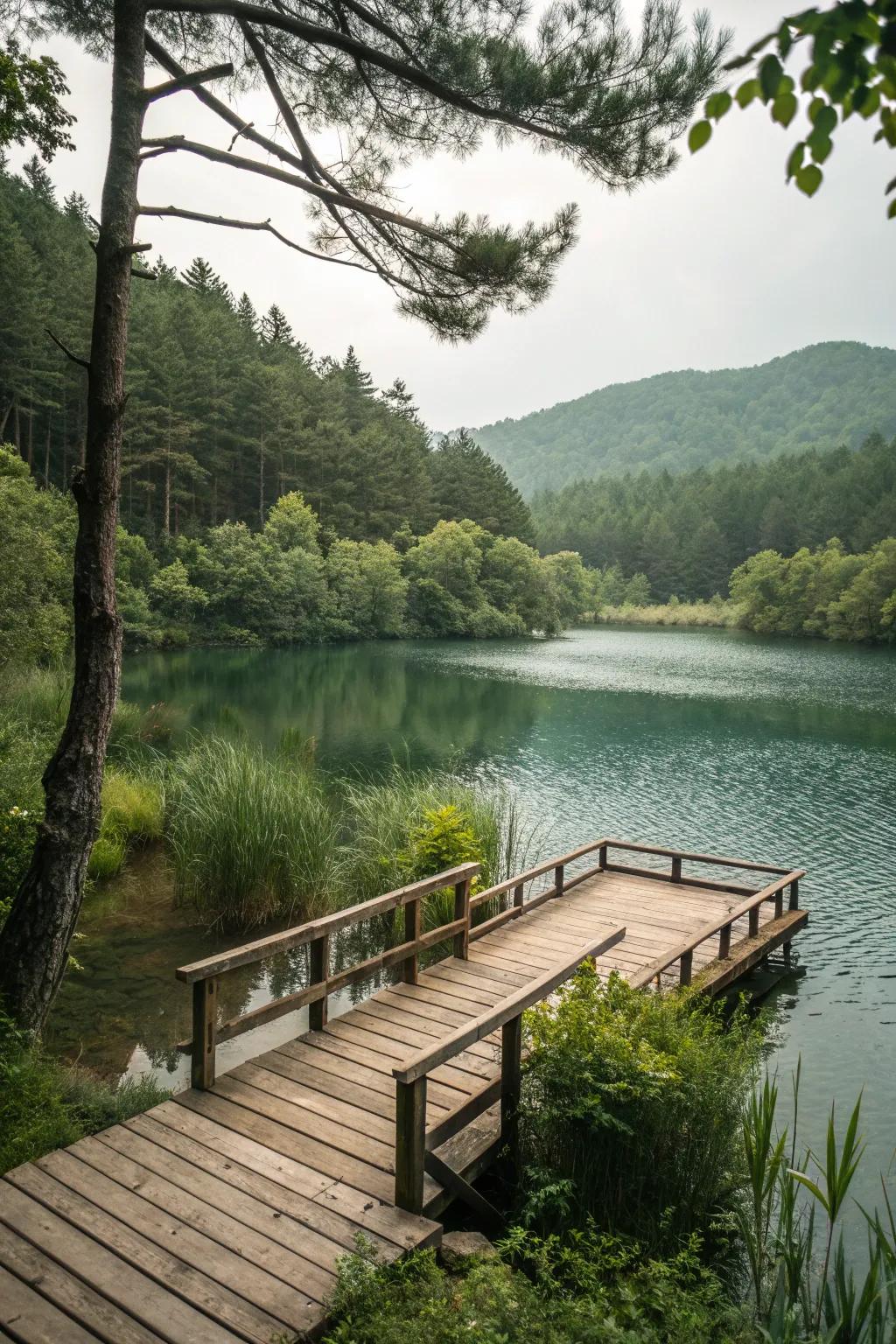 A rustic deck offers a cozy spot to enjoy your pond.