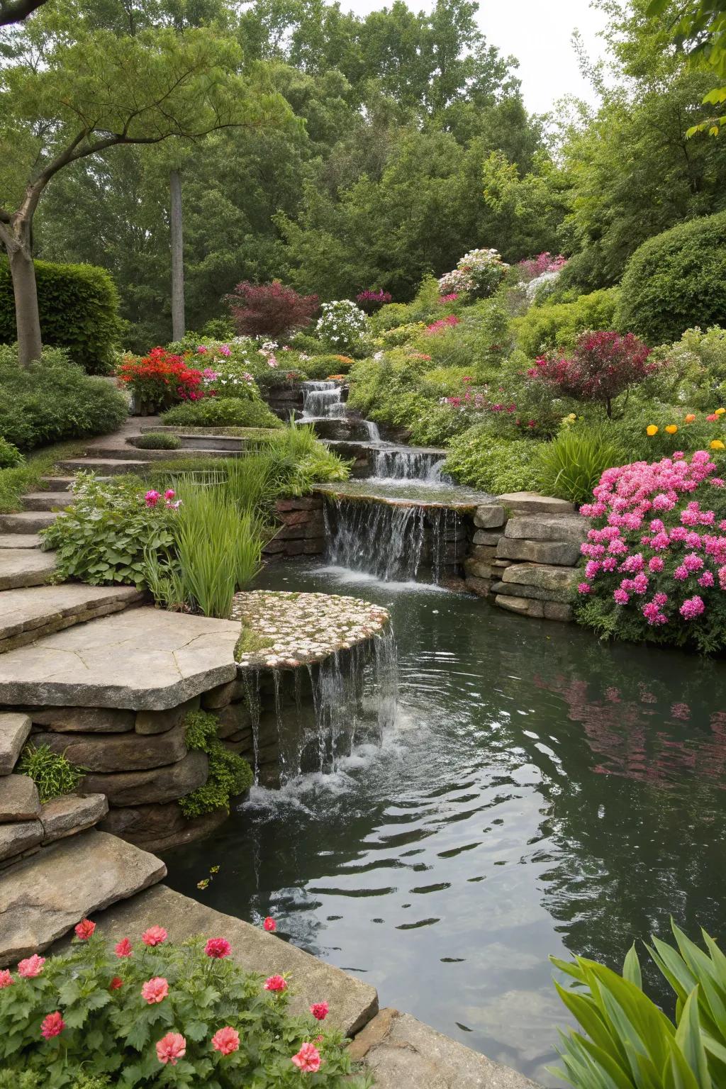 Multiple levels add depth and interest to a pond.