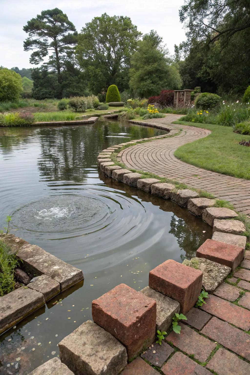 Bricks and blocks offer a structured and modern pond edge.