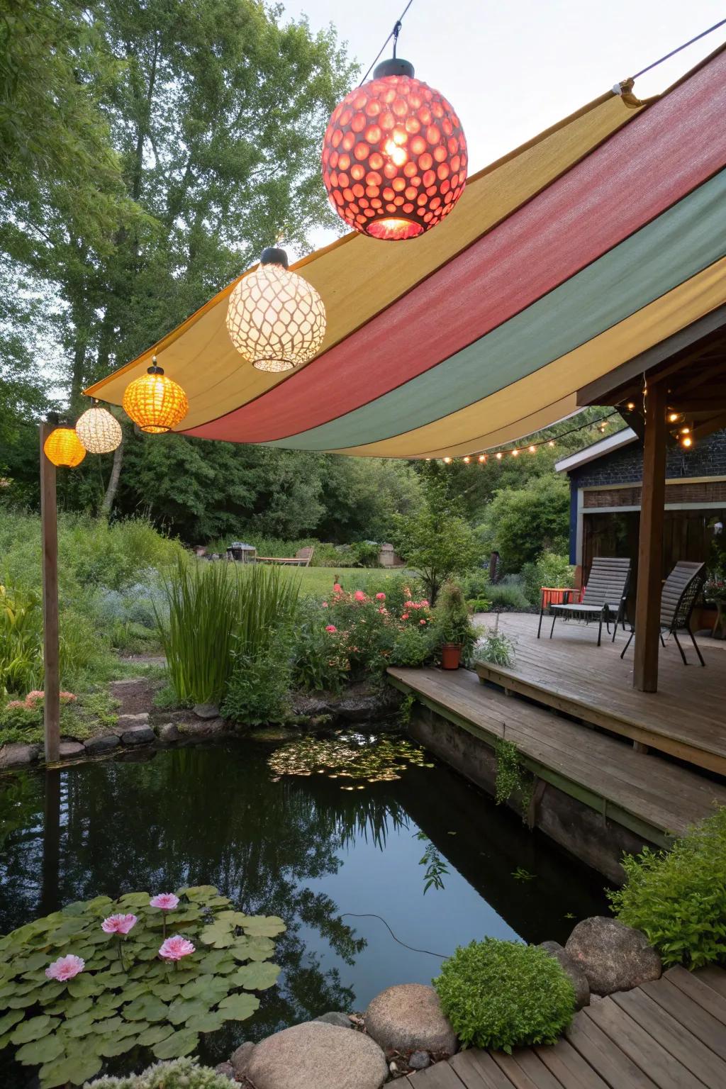 A vibrant fabric awning providing shade and style.