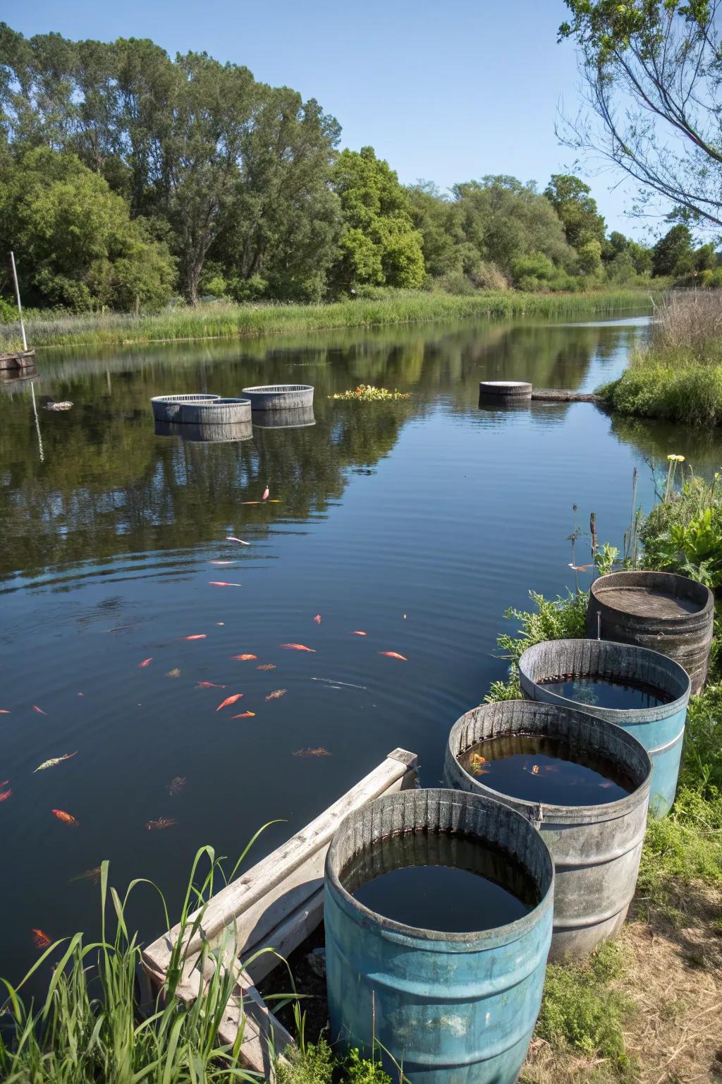 Go green with recycled barrel shelters for your pond.