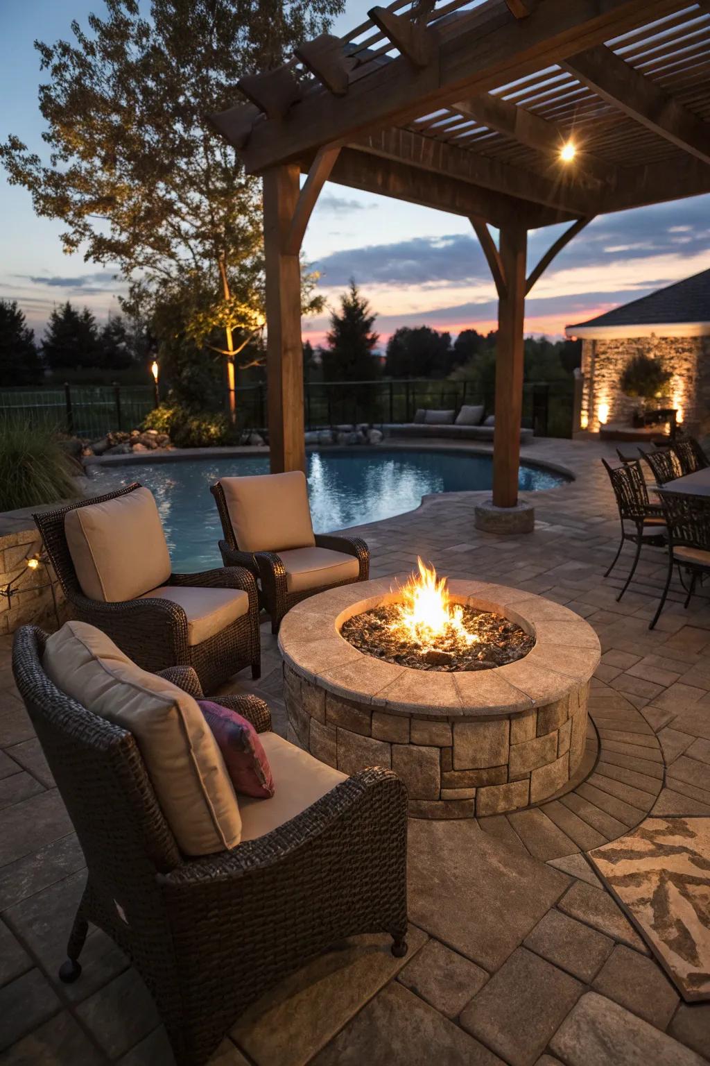 Bring warmth to your pool area with a stylish fire pit.