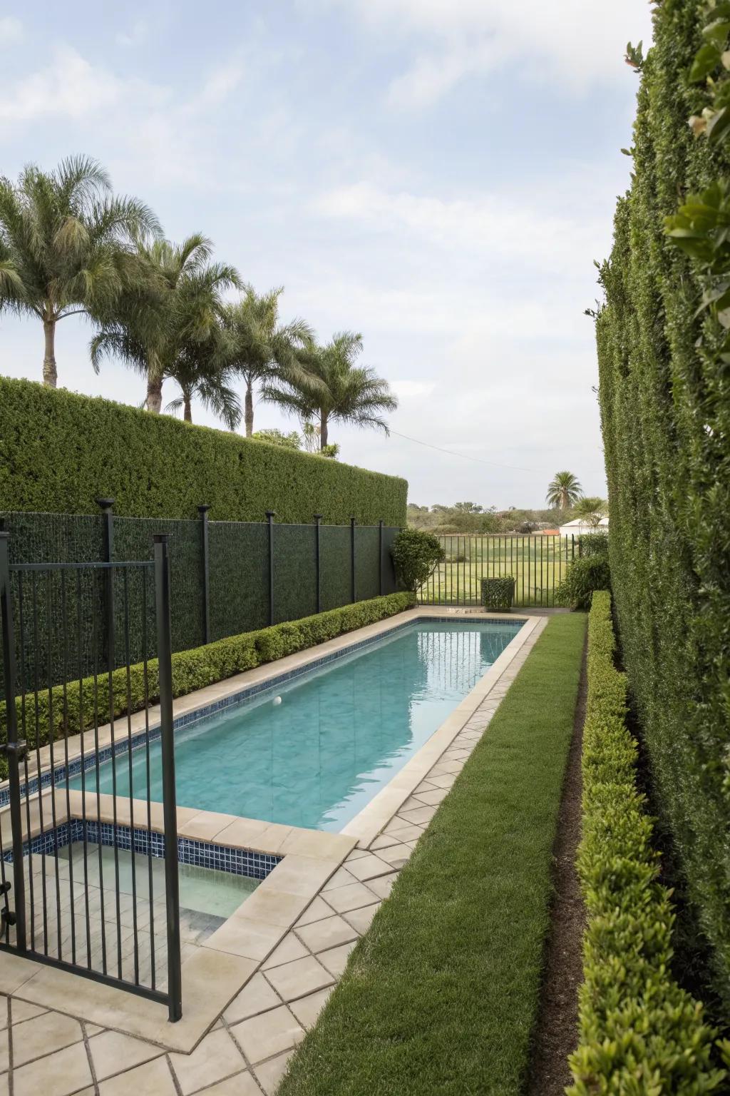 Privacy hedges offer a secluded pool experience.