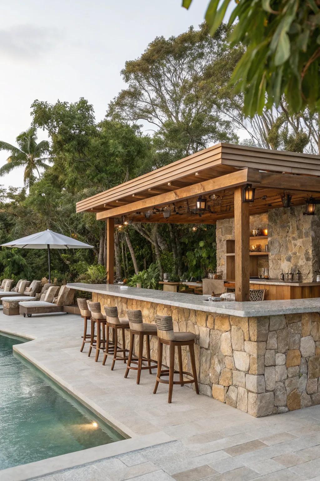 Natural stone finishes bring rustic charm and timeless beauty to your pool bar.