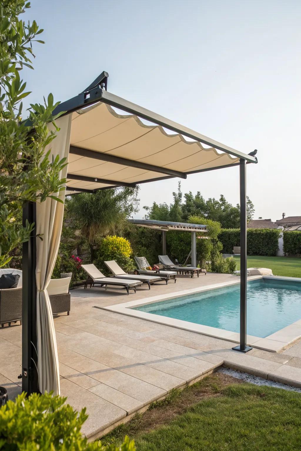 A retractable canopy offers customizable shade options for any occasion.