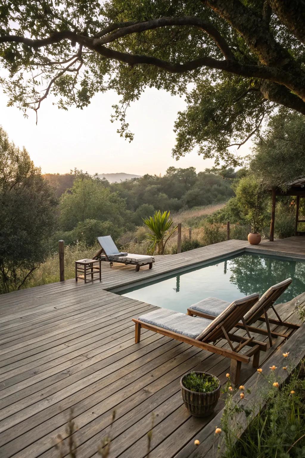 A warm and inviting wooden pool deck that blends with nature.