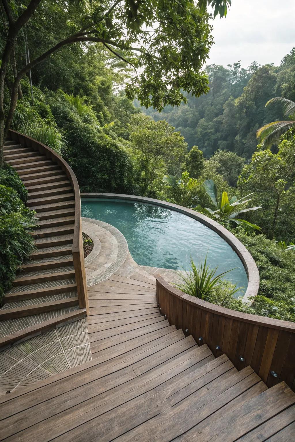 Curved stairs create a sense of flow and elegance.