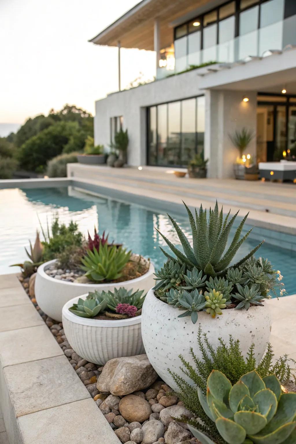 Succulents add a modern touch to your pool decor.