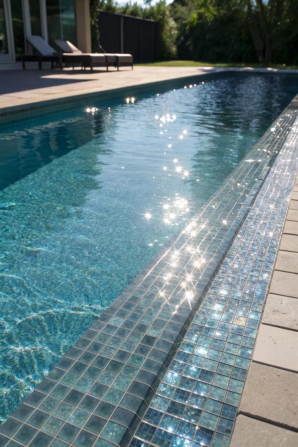 Glass tiles add a luxurious, reflective touch to pool edges.