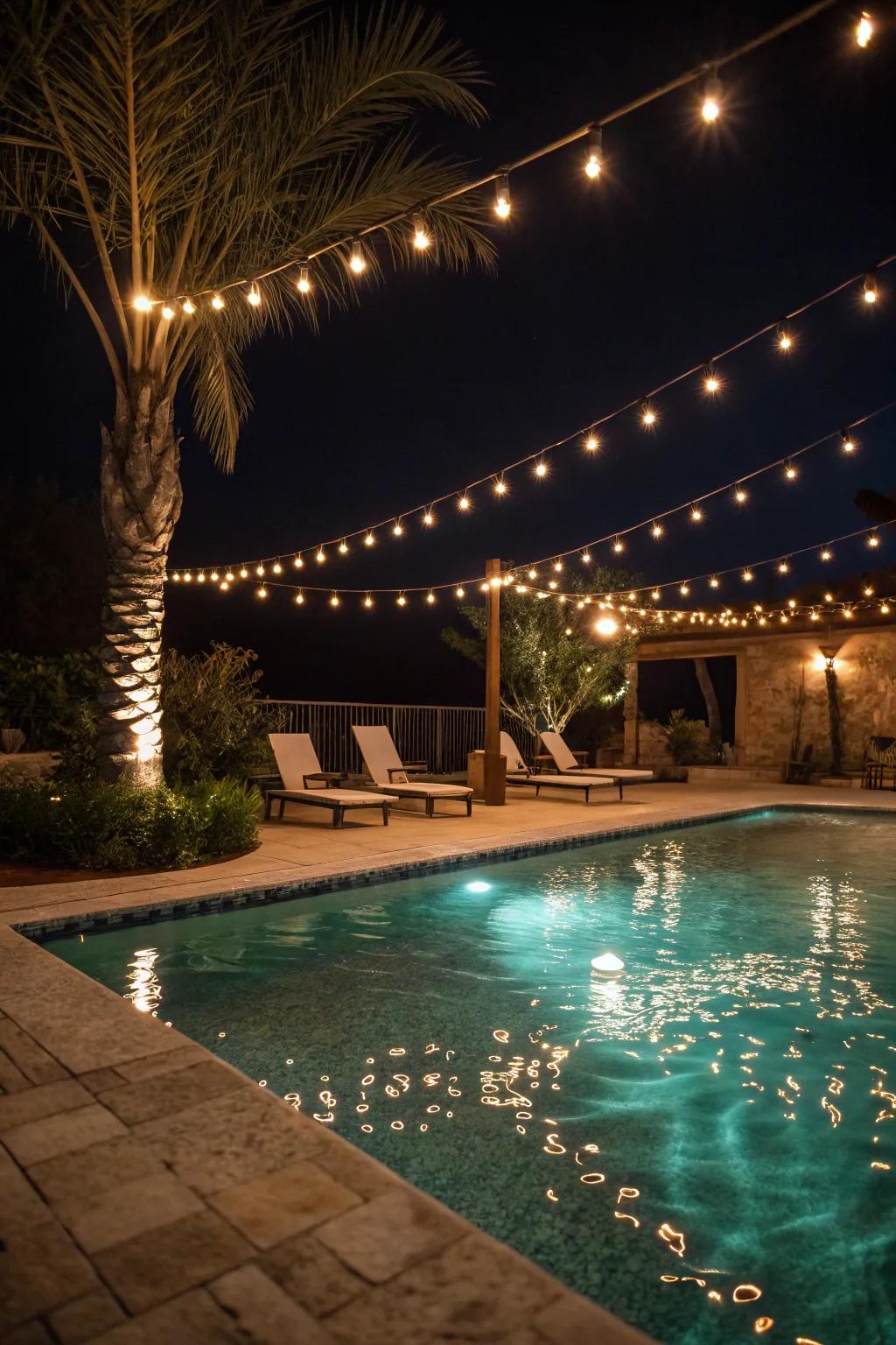 A pool area illuminated with string lights and underwater lighting.