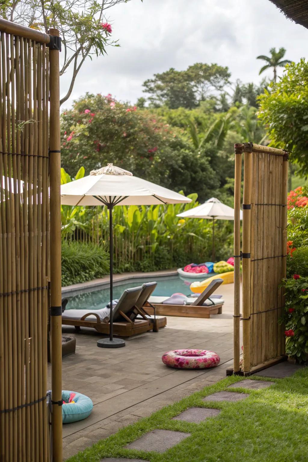 Bamboo screens add a touch of tropical elegance while providing effective shade.