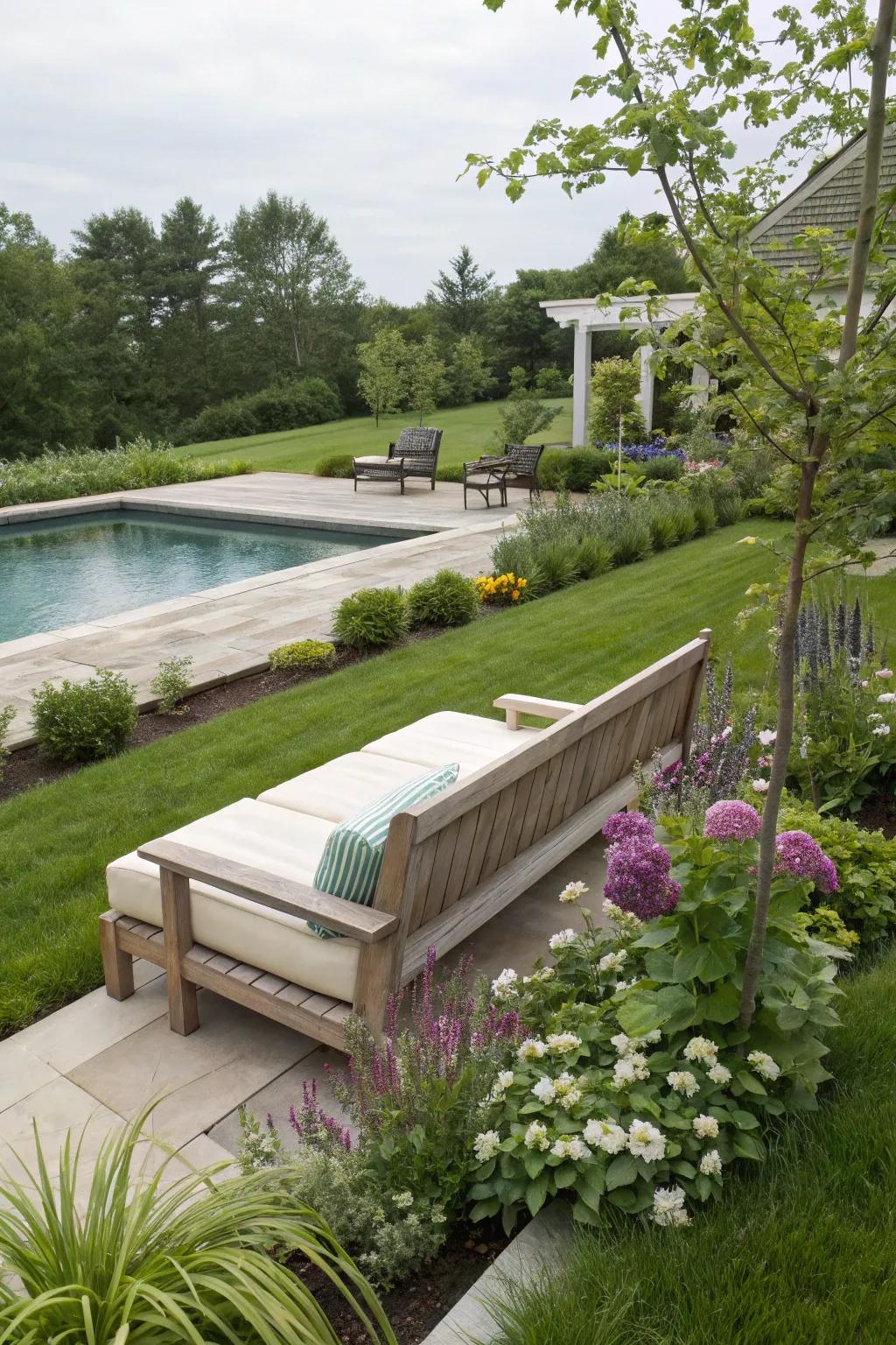 Pool equipment hidden as a garden bench offers both function and beauty.