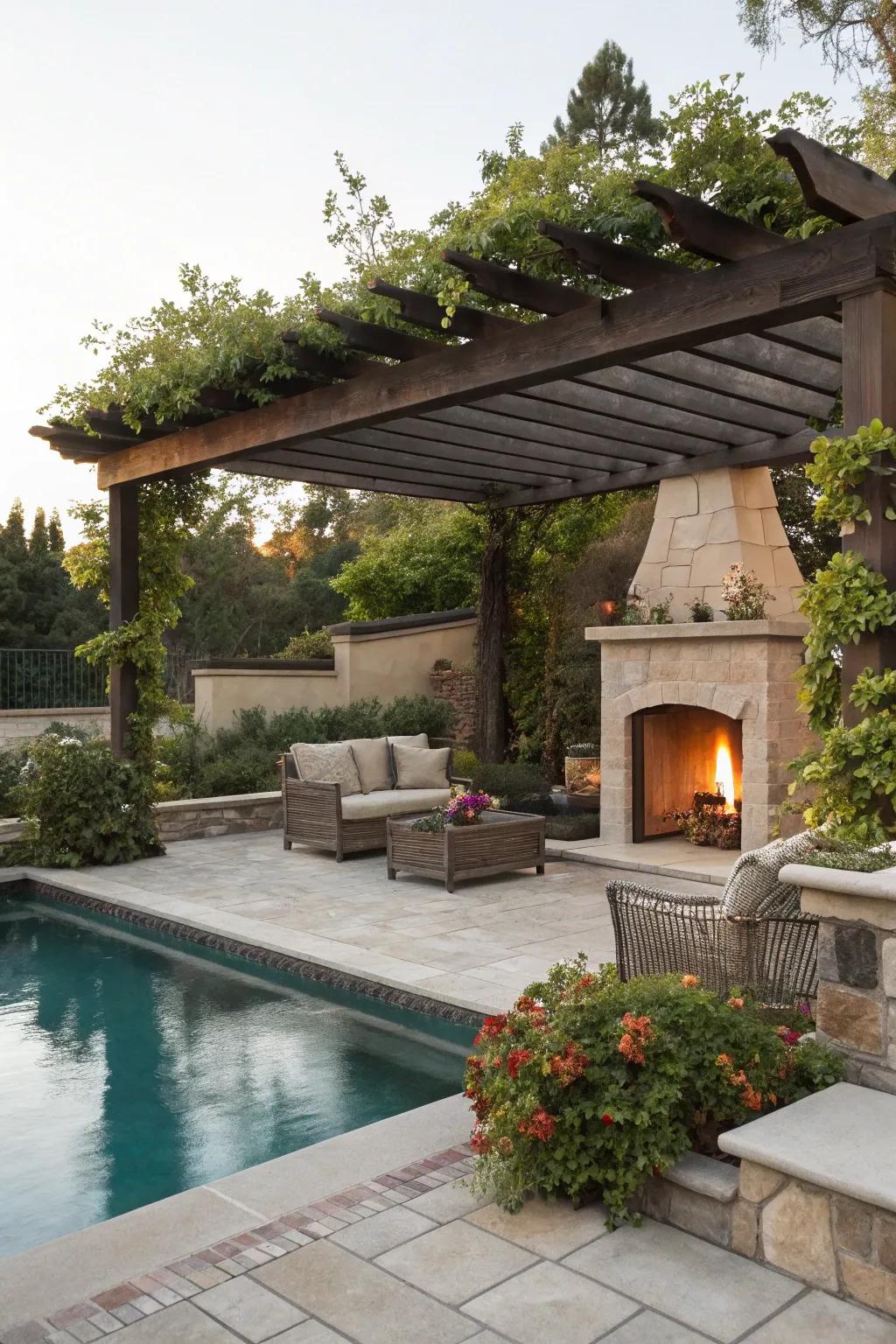 Enhance your poolside with a pergola and fireplace combination.