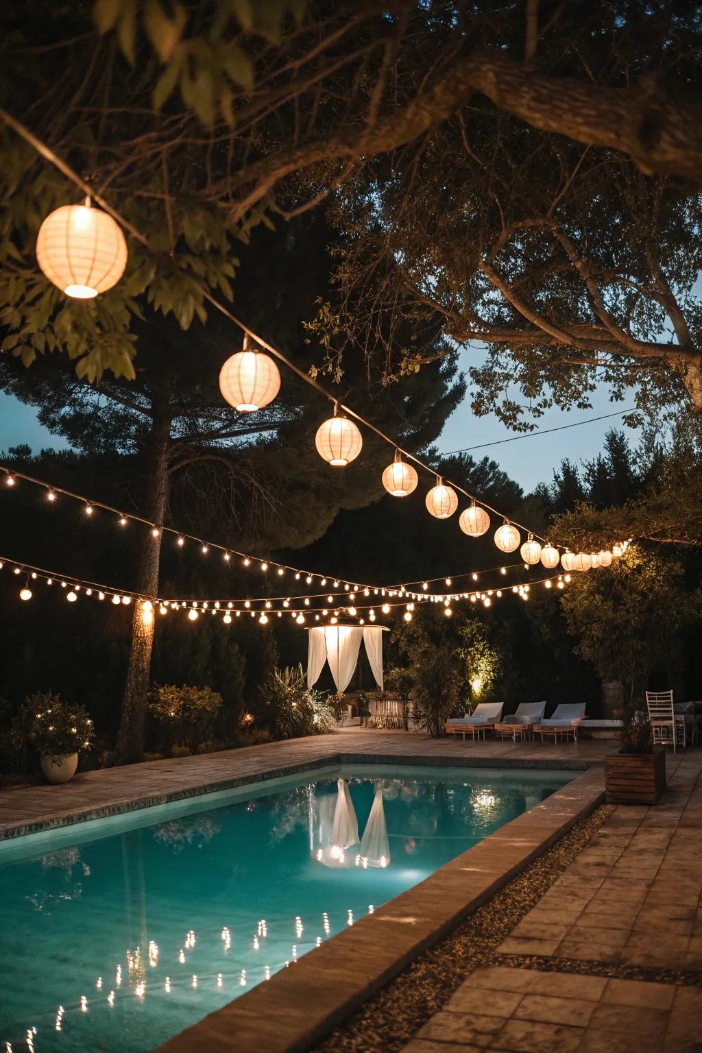 Cozy lighting transforms your pool garden into a magical retreat.