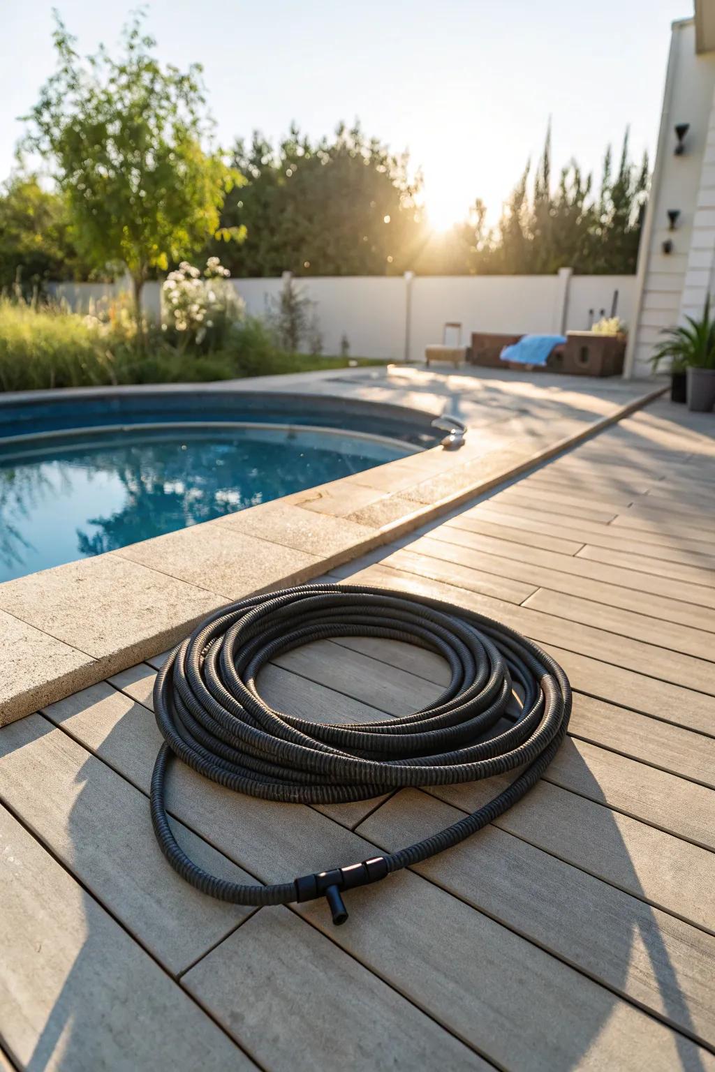 The black hose trick uses solar energy to heat pool water efficiently.