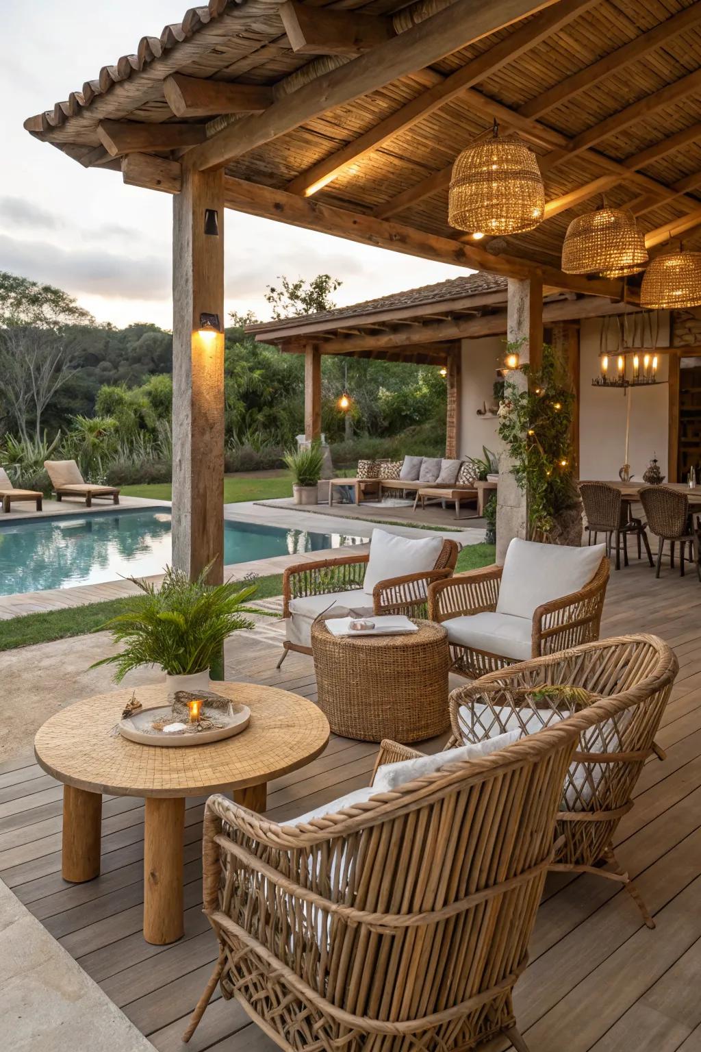 Natural materials add warmth and texture to the pool house.