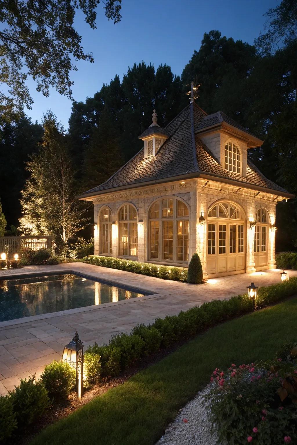 Spotlights emphasize the unique architectural beauty of your pool house.