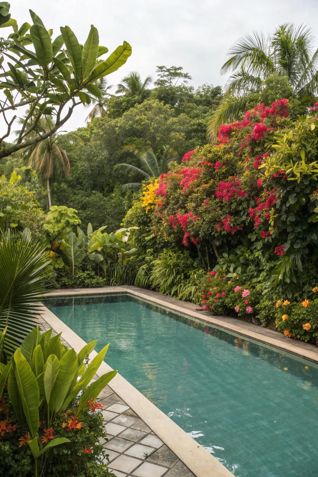 A pool area transformed into a tropical paradise with lush greenery.