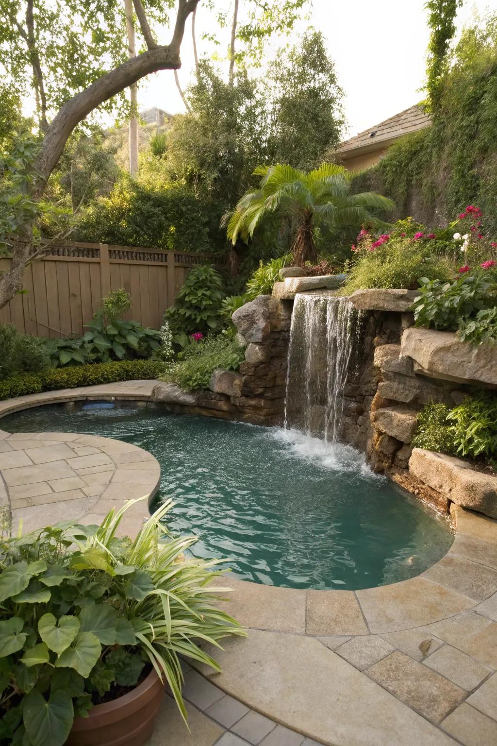 A serene pool with a calming waterfall feature.