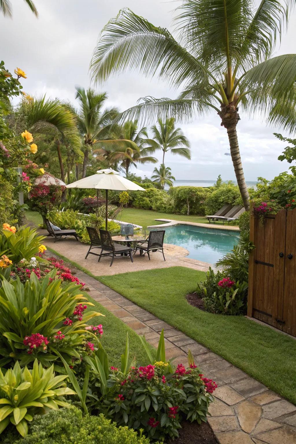 Lush tropical landscaping enhances the natural beauty of a pool lanai.