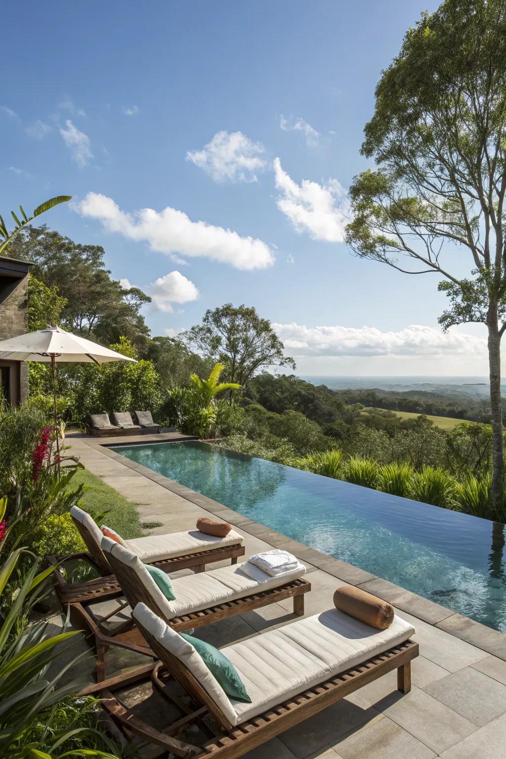 Integrated seating areas make poolside lounging a dream.