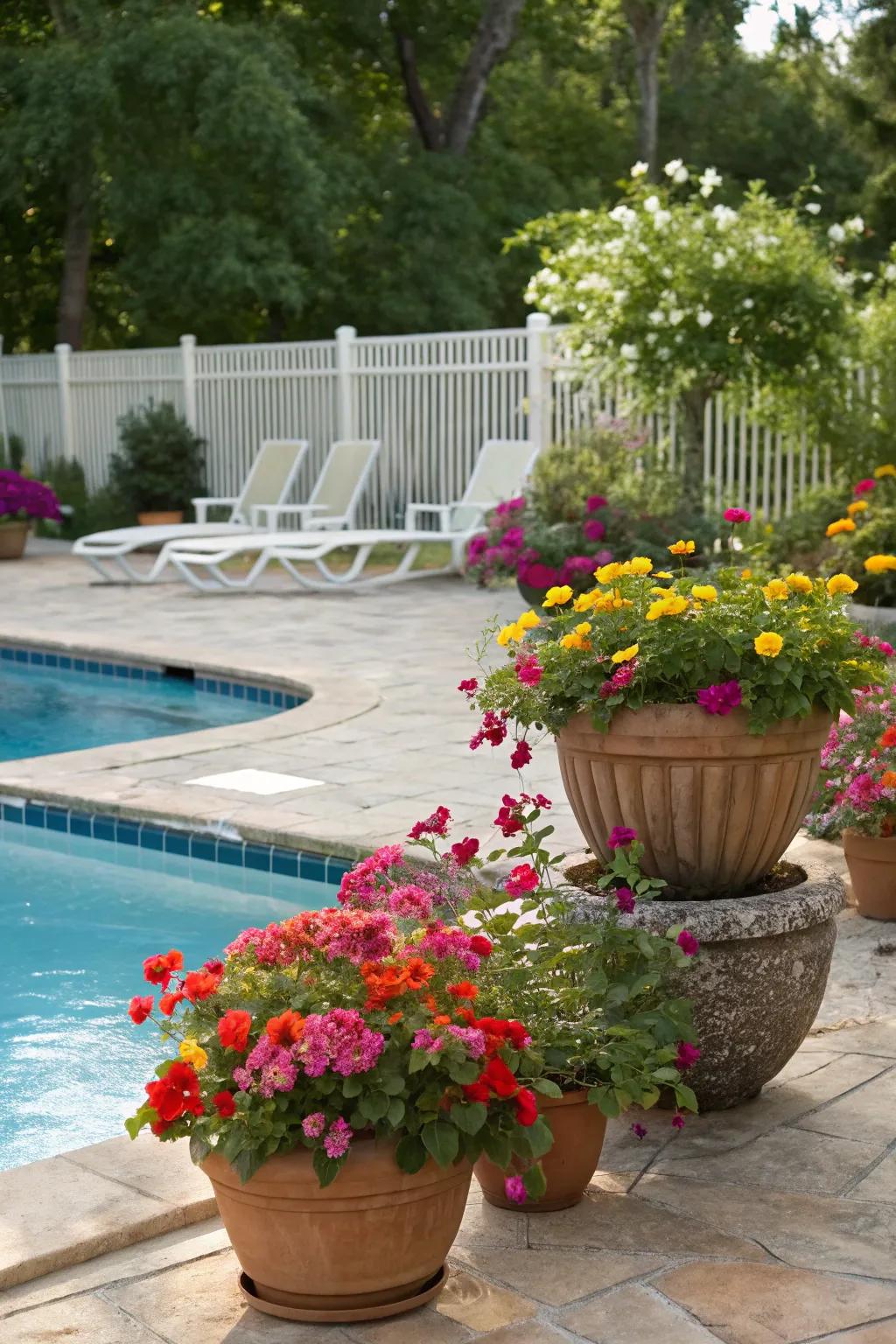 Brighten up your pool area with colorful potted plants.